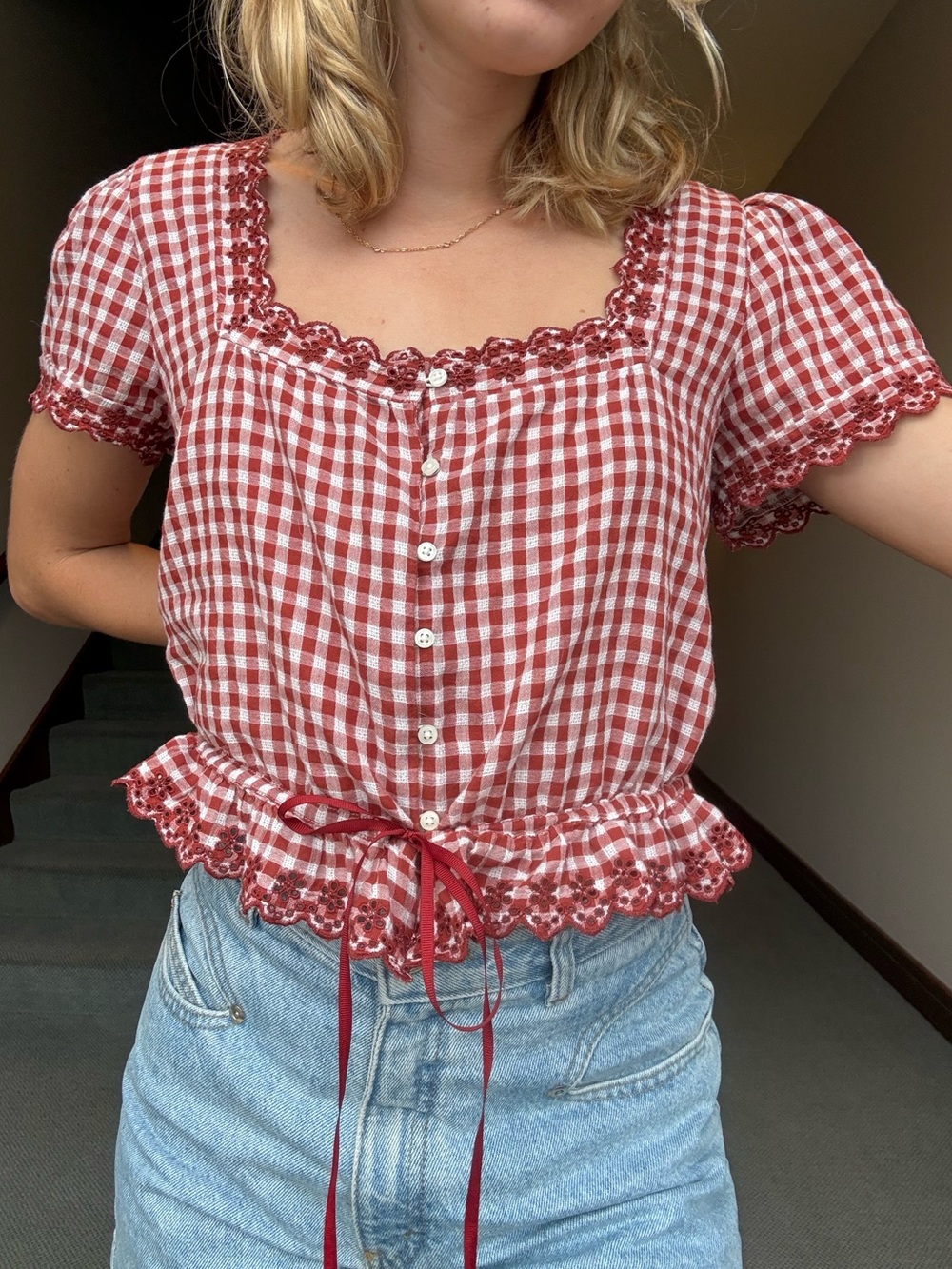 American Eagle Outfitters Red Gingham Button-Front Peplum Blouse